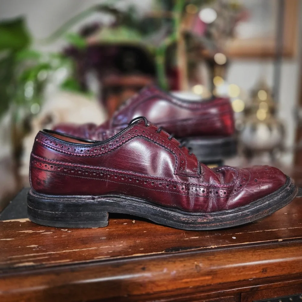Vintage 80s Mens Burgundy Leather Wingtip‎ Brogue Oxford Dress Shoes